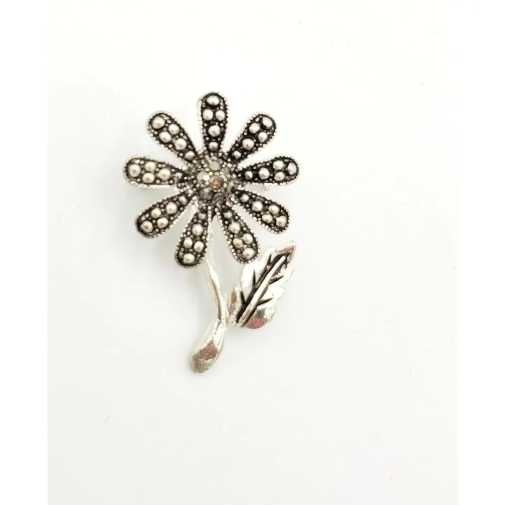 Vintage‎ Black Silver Flower Brooch Pin Textured Mid Century Floral 1.5